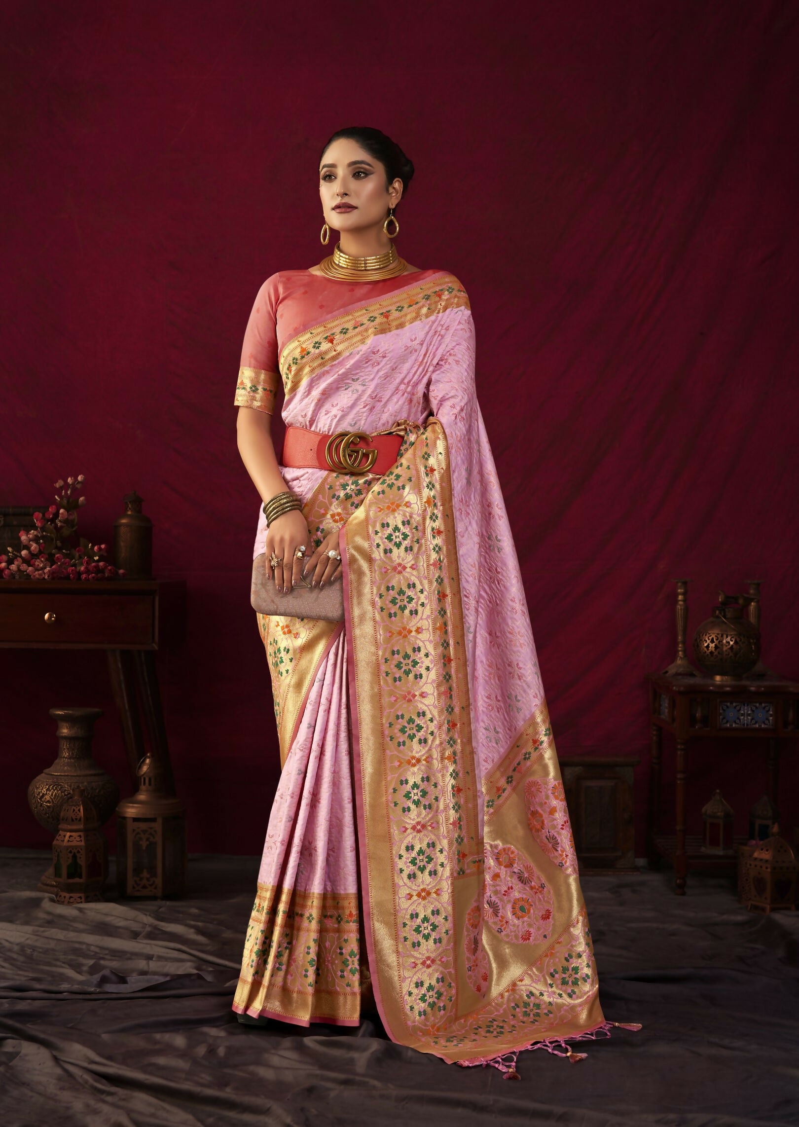 Vishnu Weaves Women's Baby-Pink Paithani Silk Saree with Blouse - Distacart