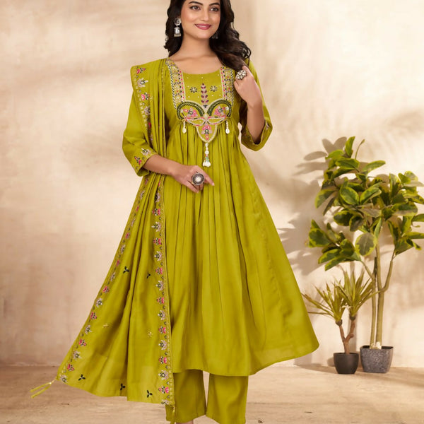 Lehenga Mart Designer Anarkali Suit With Kurta, Pant, Dupatta For Women-Lime Green - Distacart