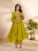 Thumbnail for Lehenga Mart Designer Anarkali Suit With Kurta, Pant, Dupatta For Women-Lime Green - Distacart
