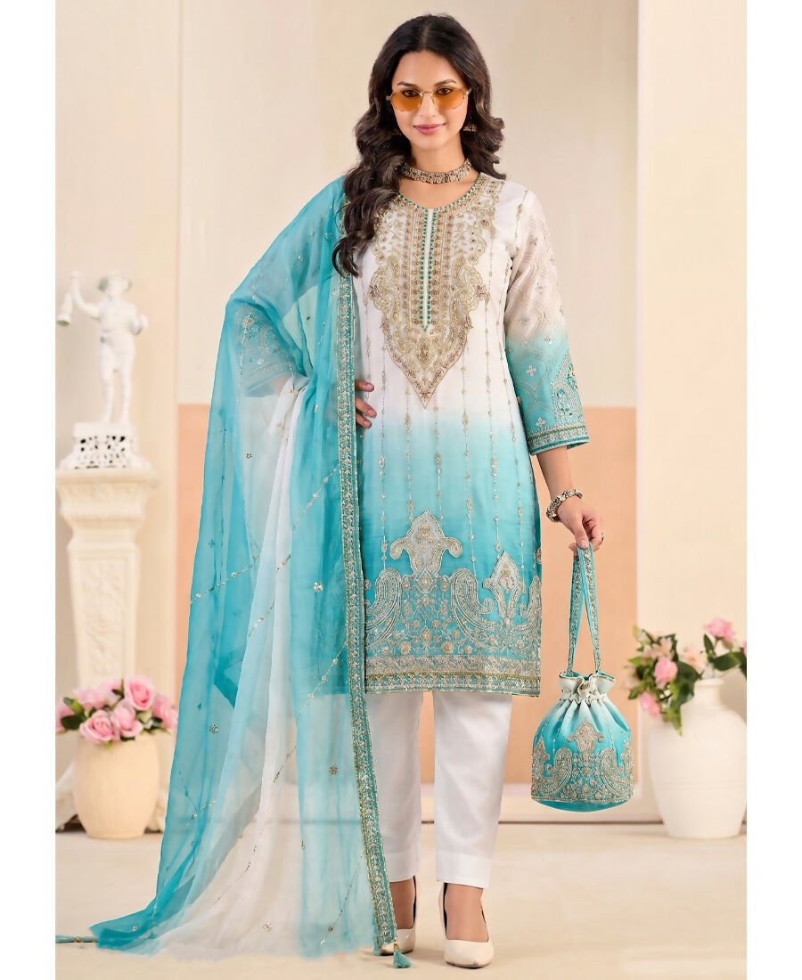 KC Designer Sky Blue Ombre Straight Suit For Women With Hand Embroidery - Dista