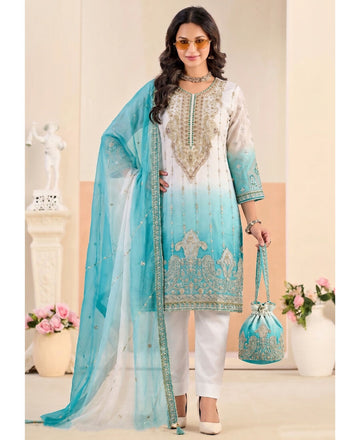 KC Designer Sky Blue Ombre Straight Suit For Women With Hand Embroidery - Dista