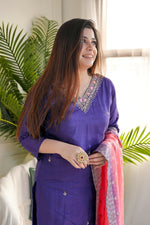 Thumbnail for The52 Purple Women's Gorgeous Embroidered Vichitra Fabric Straight Kurta Pant with Dupatta Set - Distacart