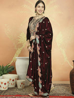 Thumbnail for Aastha Fashion Women's Maroon Velvet Cording with Resham Thread & Sequin Kurta with Trouser & Dupatta - Distacart