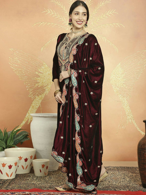Aastha Fashion Women's Maroon Velvet Cording with Resham Thread & Sequin Kurta with Trouser & Dupatta - Distacart