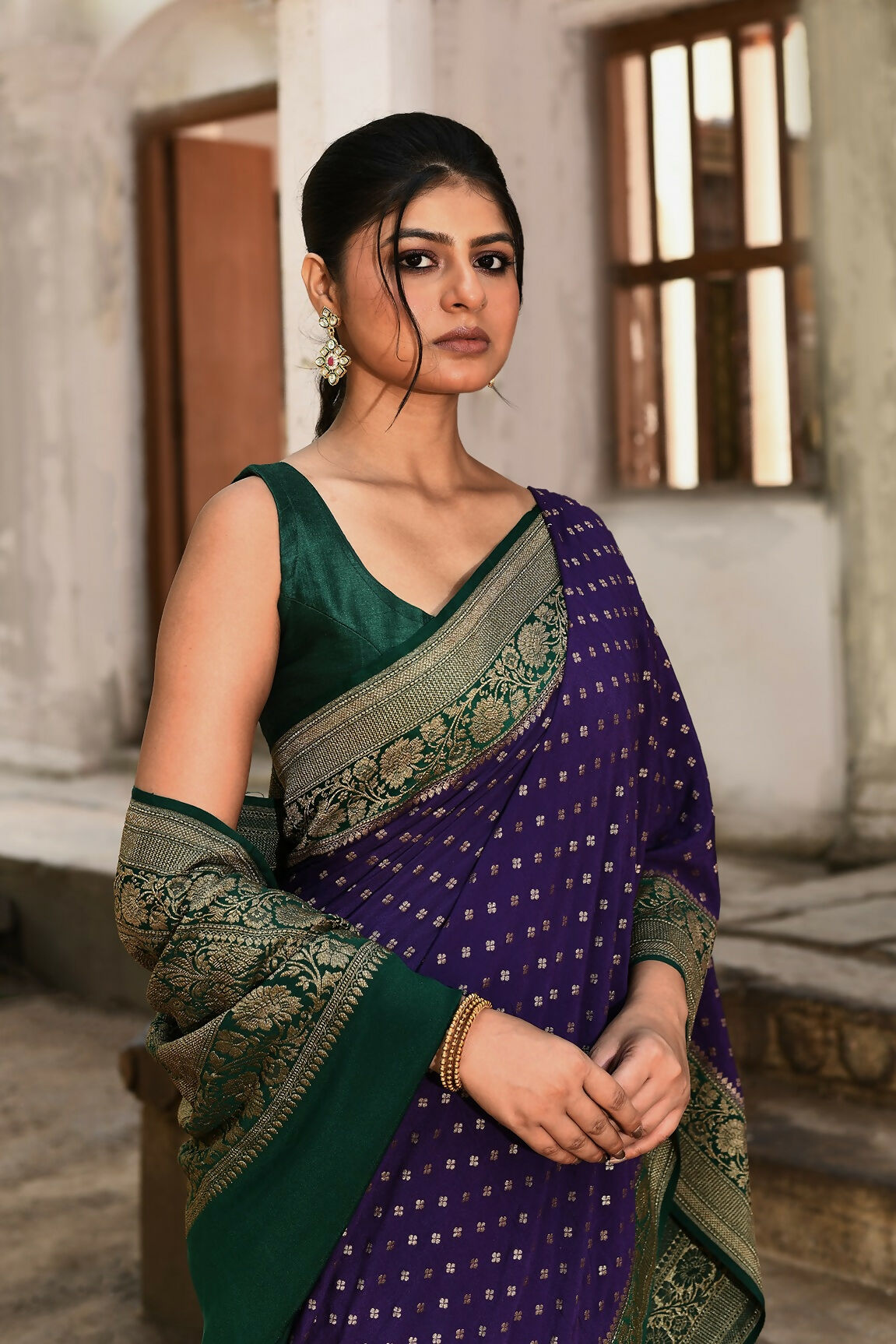 Joban Fashion Purple Crepe Chiffon Pure Handloom Banarasi Silk Saree