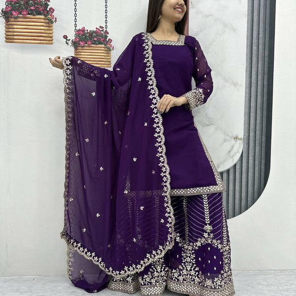 Teeya Creation Womens New Heavy Fox Georgette Fabric With Heavy Embroidery Work Purple Kurta Set - Dista