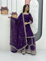 Thumbnail for Teeya Creation Womens New Heavy Fox Georgette Fabric With Heavy Embroidery Work Purple Kurta Set - Dista