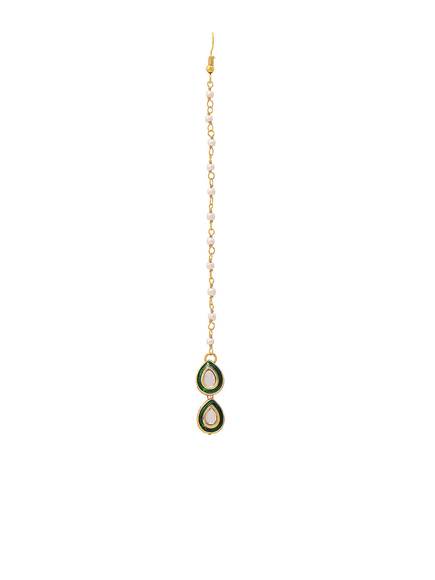 Ruby Raang Green Double Teardrop Kundan Maang Tikka with Meenakari