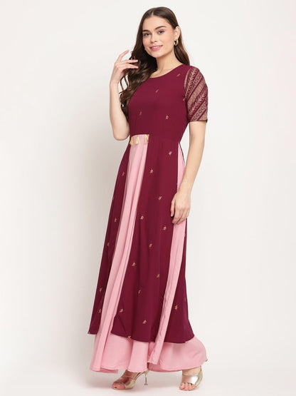 Ahalyaa Women Wine Crepe Glitter Print Dress