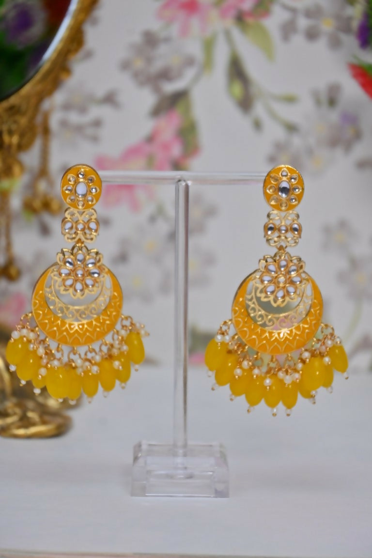 Yellow Gold-Polished Beautifully Enamelled Stylish Kundan & Pearl Dangle Women Earrings|Meenakari Chandbali Traditional Ethnic Wear Earrings By House of Ree - Distacart