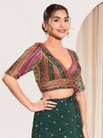 Thumbnail for Joban Fashion Magenta Brocade Padded Blouse With V Neck Elbow Sleeves - Distacart