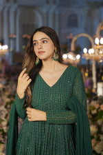 Thumbnail for Aayaa Designer Embroidery Zari Sequins Work Faux Blooming Georgette Suit - Green - Distacart