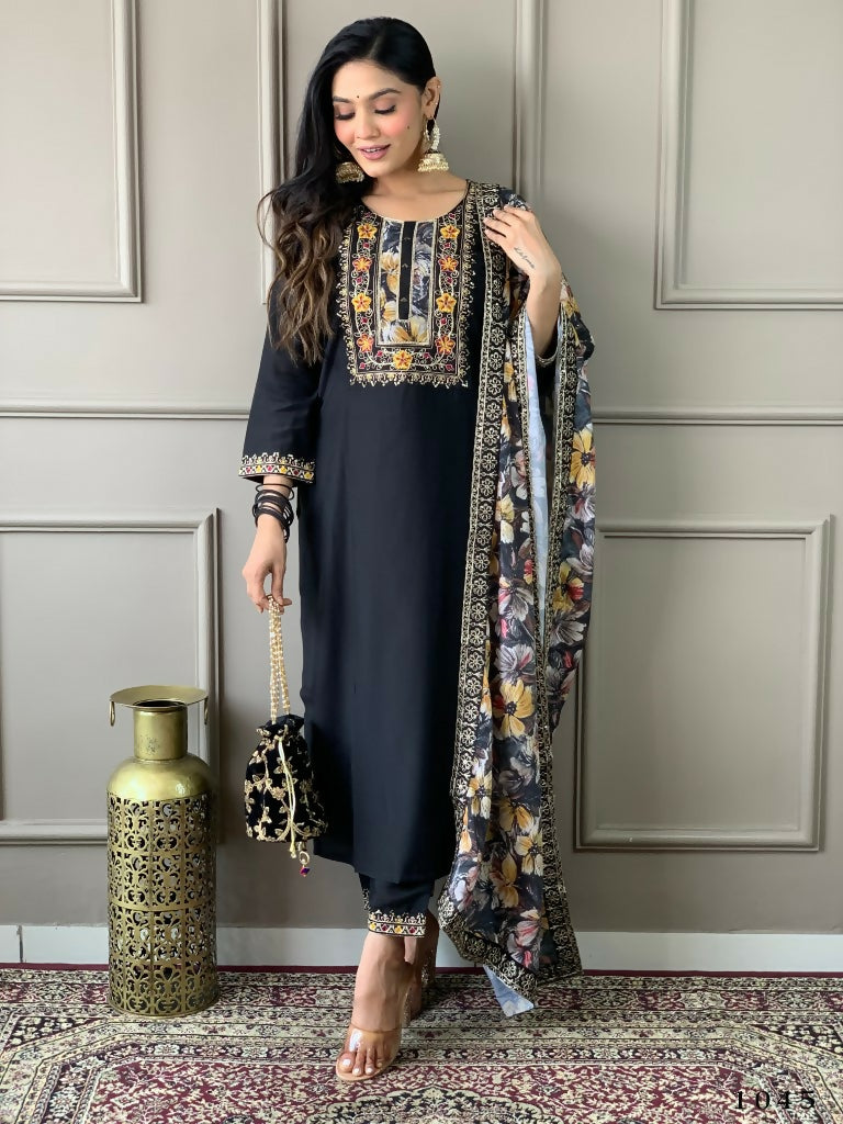 Partywear Designer Viscos Chanderi Black Stitched Suit With Dupatta - Tanisha - Distacart