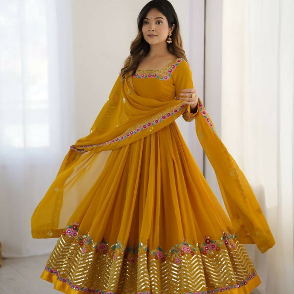 Teeya Creation Yellow Color Heavy Georgette Wedding Wear Embroidery Work Long Gown - Distacart