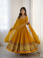 Thumbnail for Teeya Creation Yellow Color Heavy Georgette Wedding Wear Embroidery Work Long Gown
