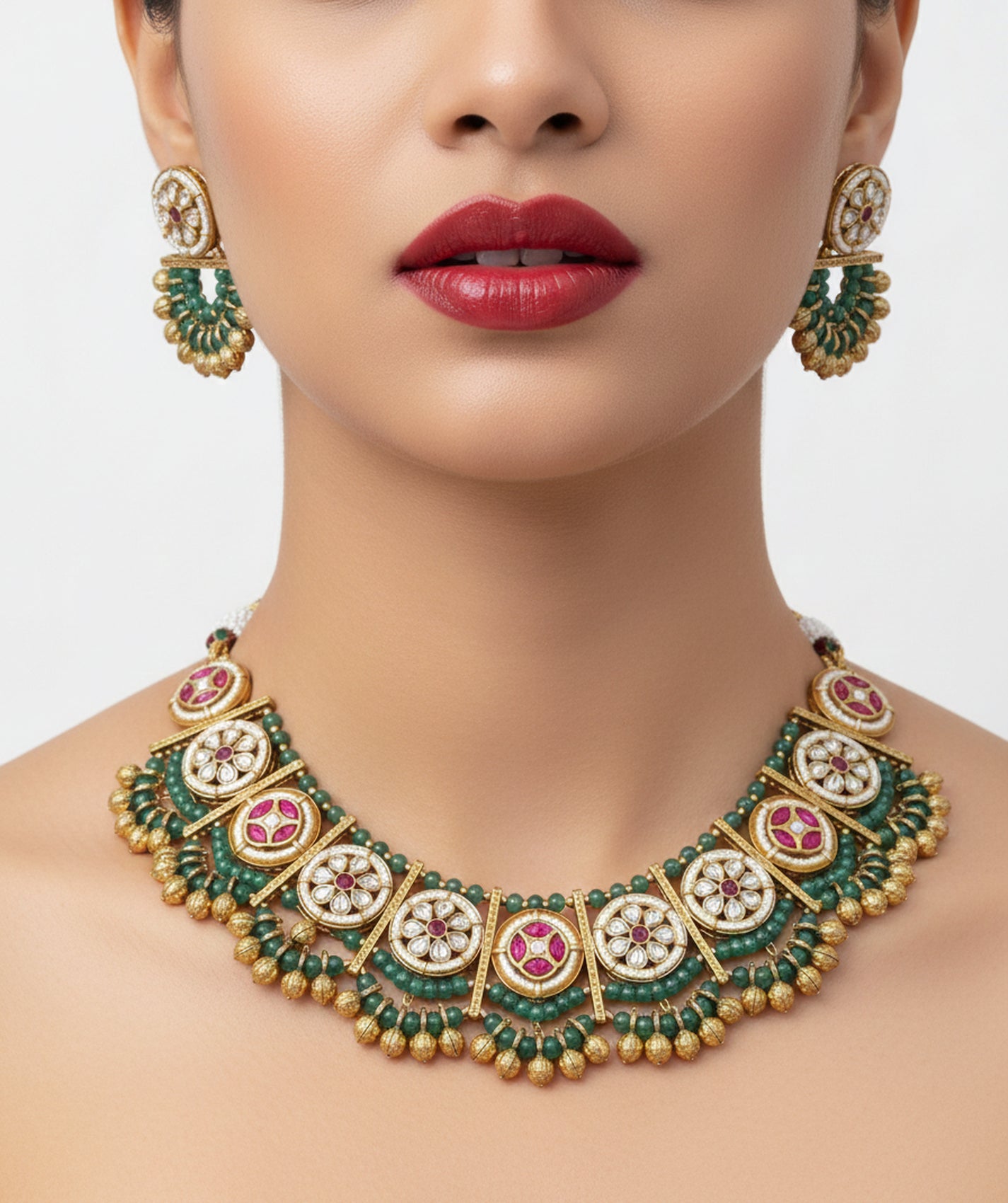 Jewel City Stunning Handcrafted Green And Pink Gold-Plated Choker Necklace Set - Distacart