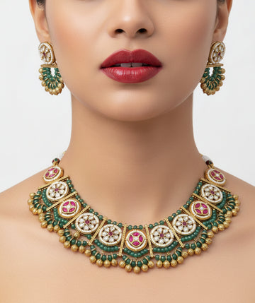 Jewel City Stunning Handcrafted Green And Pink Gold-Plated Choker Necklace Set - Distacart