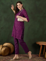 Thumbnail for Sangria Embroidered Pure Cotton Kurta & Trouser