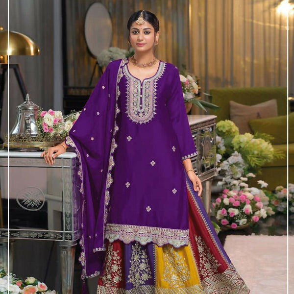 Anaita Violet Heavy Chinon Stitched Suit with Embroidery & Sequence Work - Distacart
