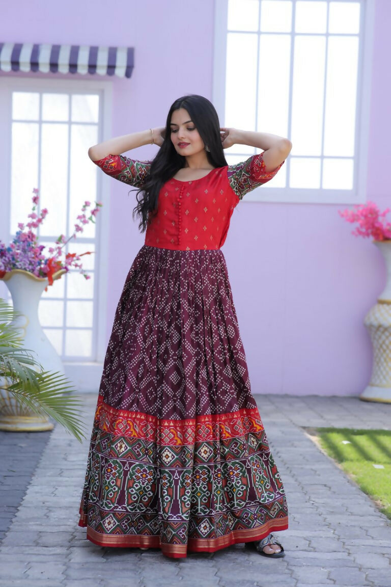 Jyoti Fashion Women's Wine Patola with Foil Print Dola Silk Anarkali Dress - Distacart