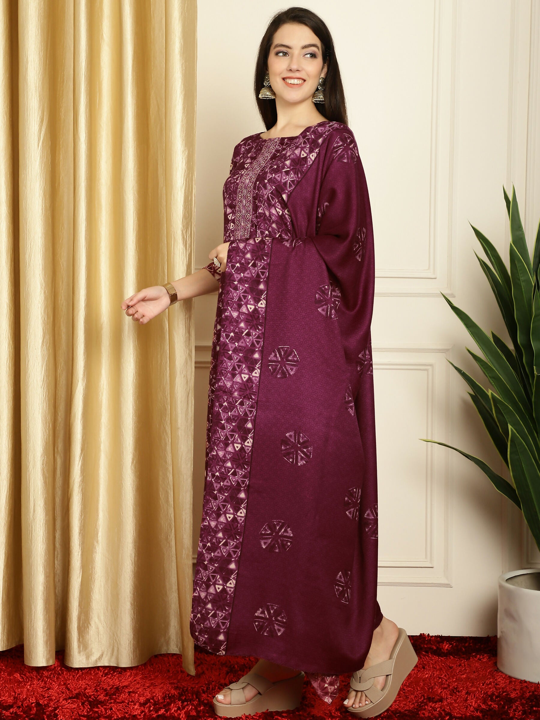 Jyoti Fashion Women's Wine Pashmina Floral Digital Printed Kurta with Trouser & Dupatta - Distacart