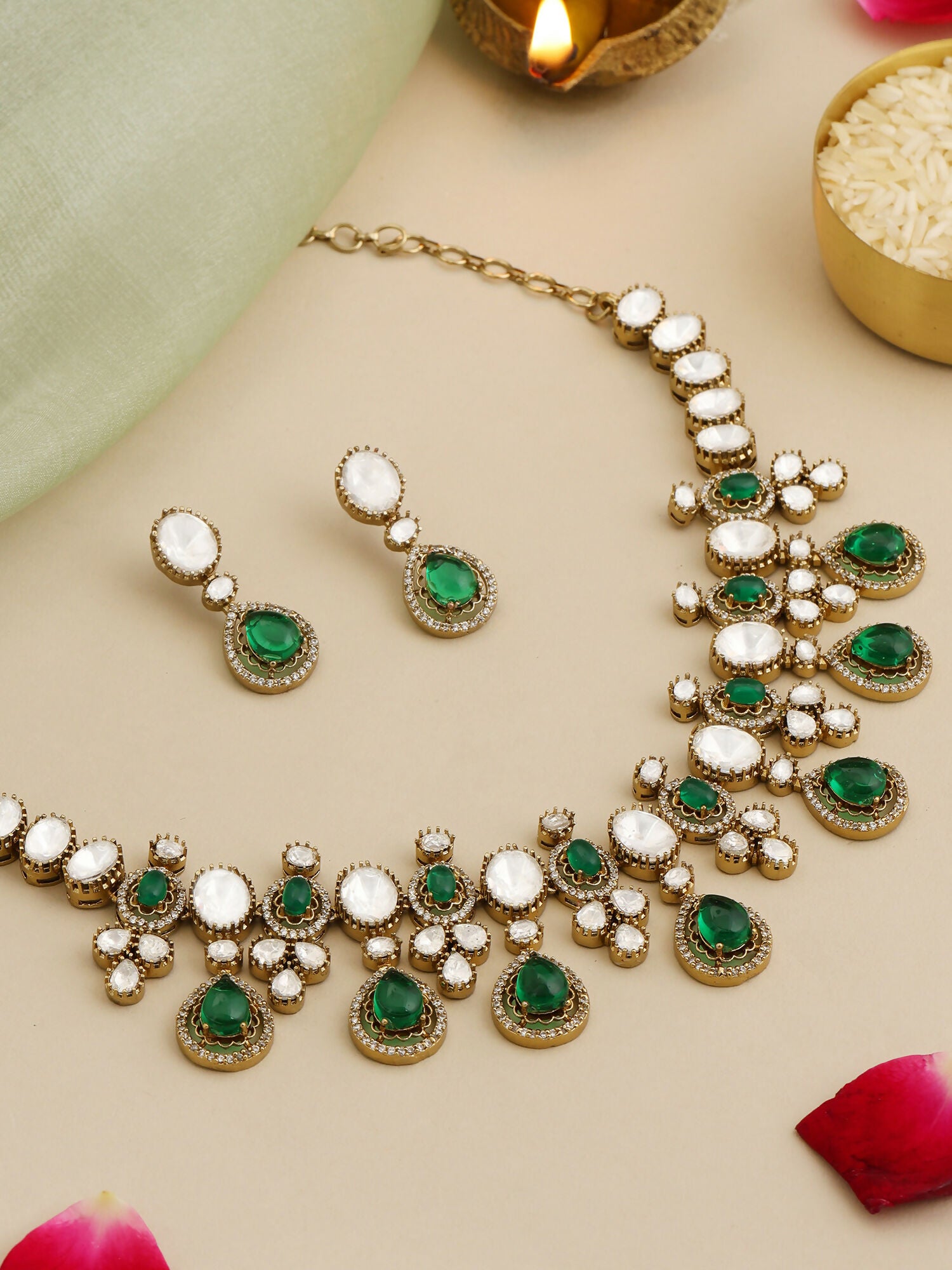 Ruby Raang Green Stone Kundan Work Necklace And Matching Earrings - Distacart
