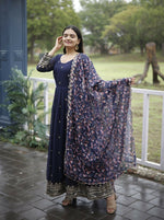 Thumbnail for Jyoti Fashion Women's Navy Blue Faux Blooming Sequins with Zari Embroidery Anarkali Dress with Dupatta - Distacart