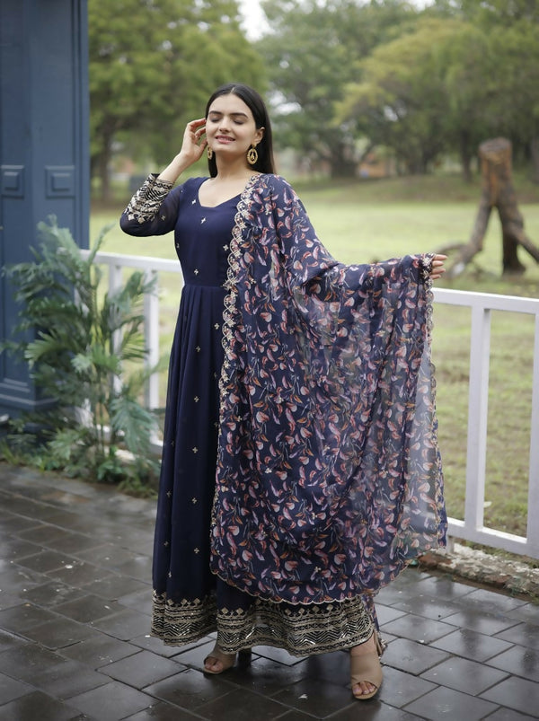 Jyoti Fashion Women's Navy Blue Faux Blooming Sequins with Zari Embroidery Anarkali Dress with Dupatta - Distacart