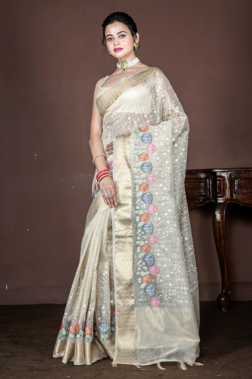Morchari Beige Banarasi Tissue Computer Embroidery Saree Unstitched Blouse