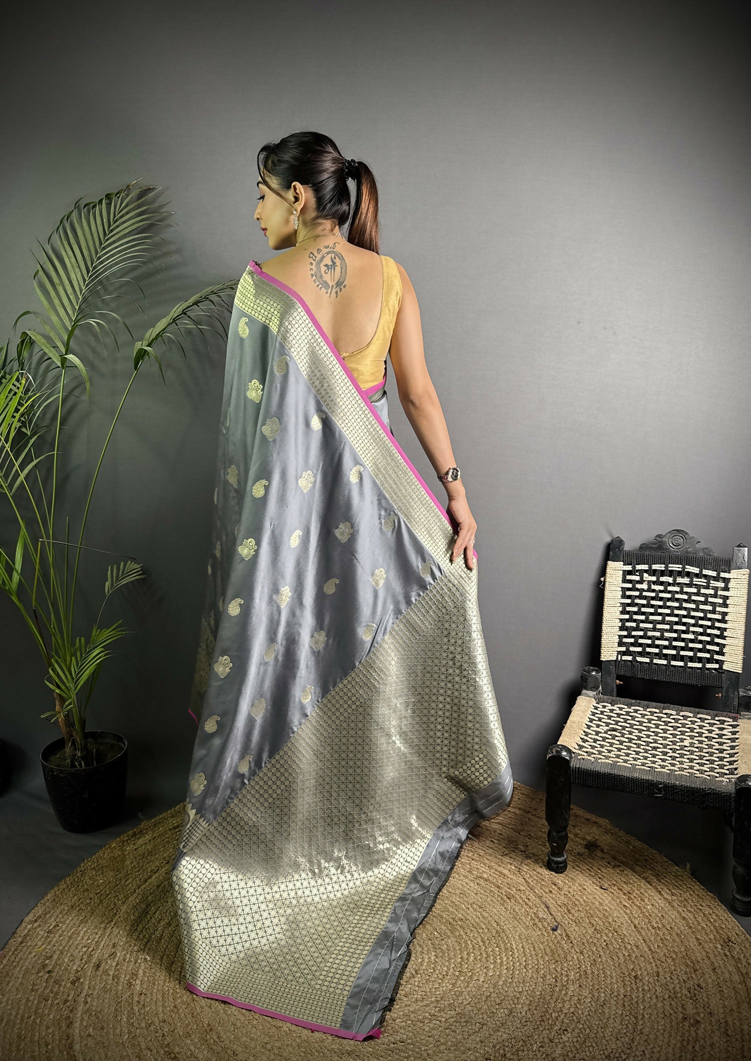 Joban Fashion Dark Grey Banarasi Soft Lichi Silk Paisley Saree - Distacart