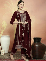 Thumbnail for Jyoti Fashion Women's Maroon Velvet Cording with Resham Thread & Sequin Kurta with Trouser & Dupatta - Distacart