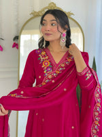 Thumbnail for The52 Rani Women's Beautiful Embroidered Work Vichitra Silk Fabric Straight Kurta Pant and Dupatta Set - Distacart