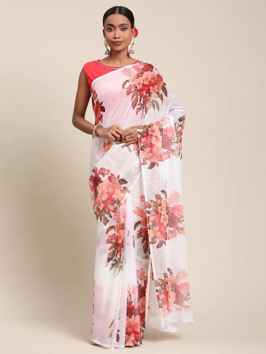 Ahalyaa Women's White Chiffon Floral Digital Print Saree - Distacart
