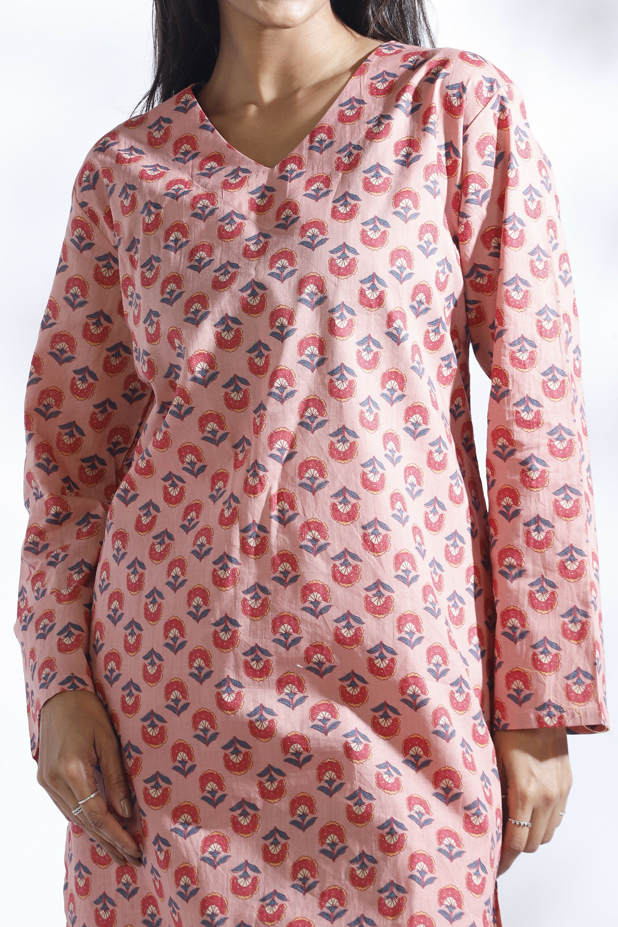 Breathables Women’S Loungewear Long Kurta Co-Ord Set Cotton Pink Indian Motif Butta Print - Dista
