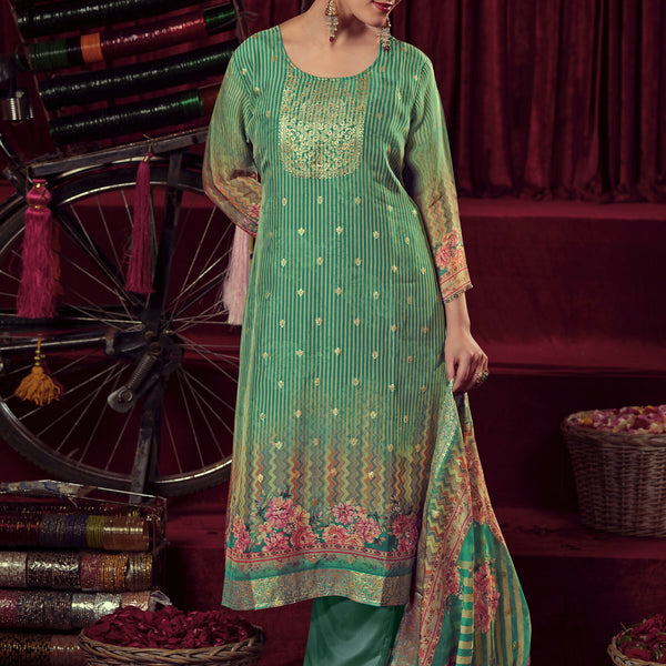 Jyoti Fashion Women's Green Organza Jacquard Woven Kurta with Trouser & Dupatta - Distacart
