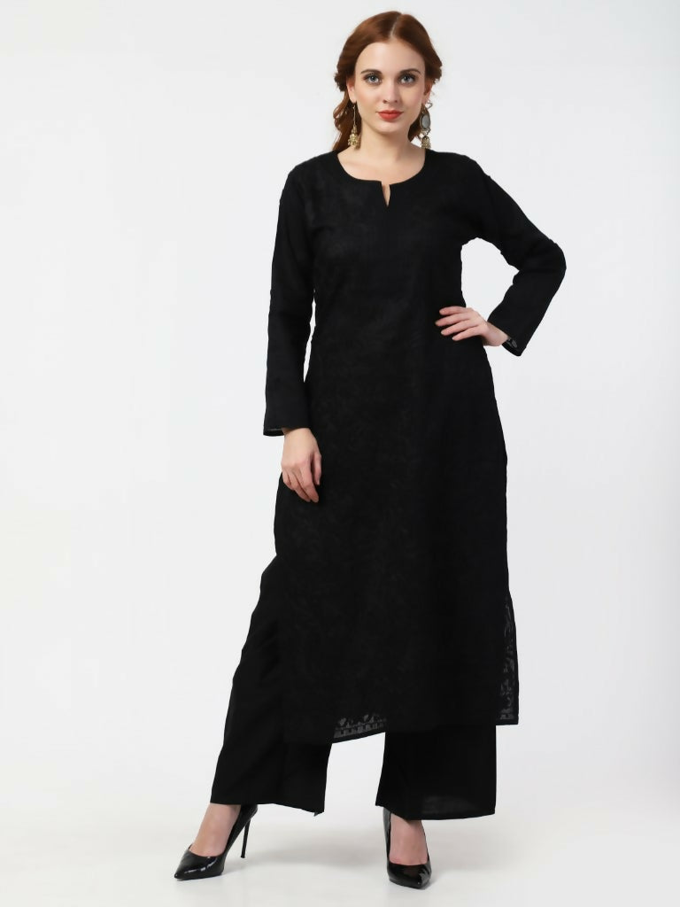 Cheera Women Stylish Hand Chikenkari Cotton Kurta With Palazzo - Black - Distacart
