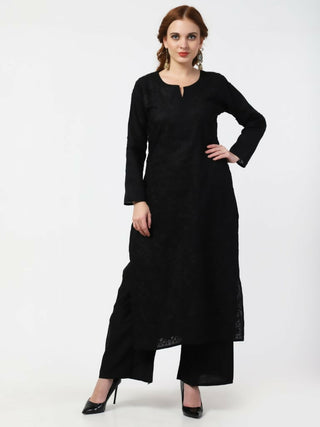 Cheera Women Stylish Hand Chikenkari Cotton Kurta With Palazzo - Black - Distacart