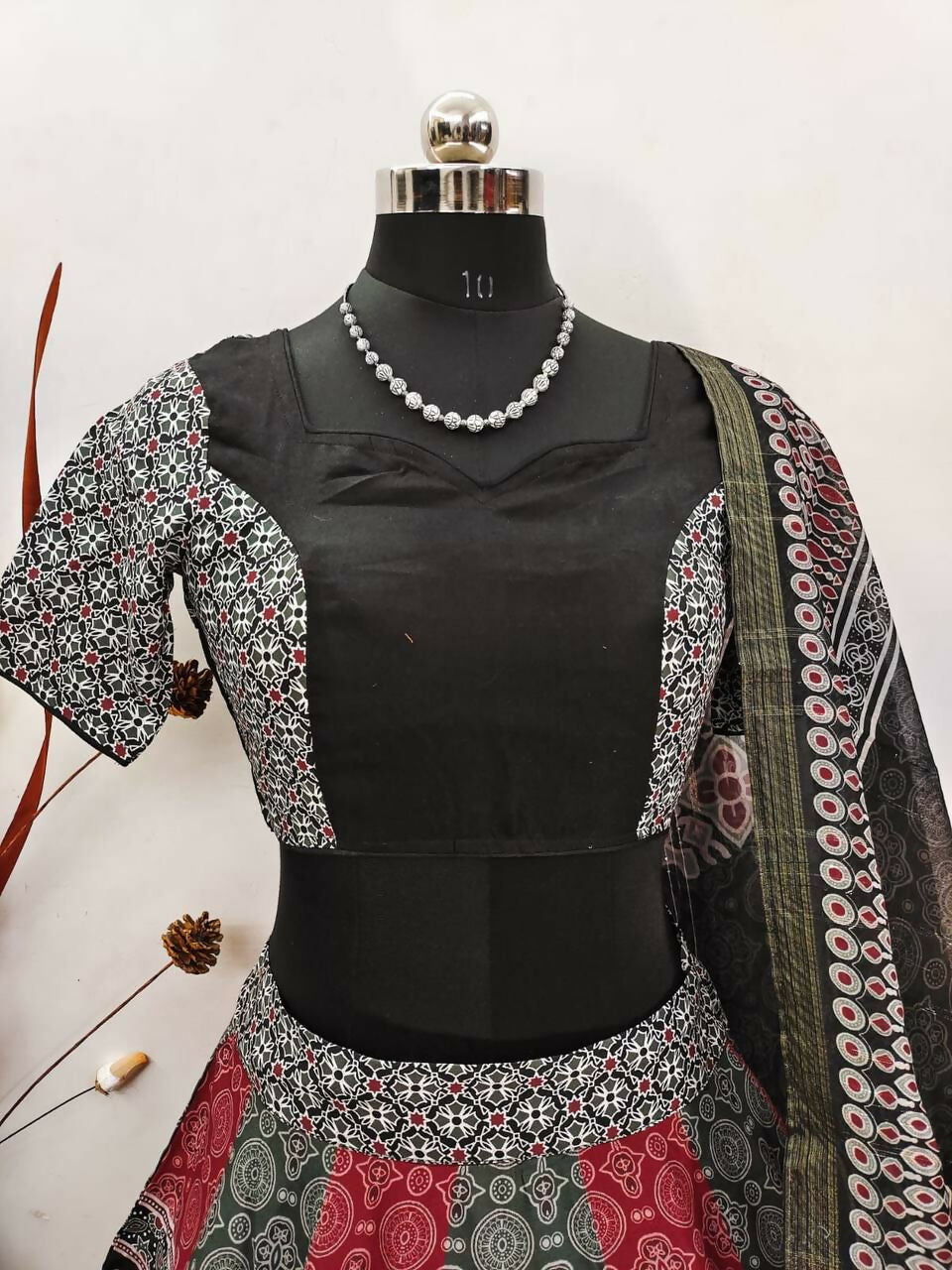 Preksha Creation Indian Navratri Special Cotton Women Lehenga Choli With print work and lucknowi print dupatta - Black - Distacart