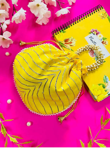 Joban Fashion Pearl Hand Work Potli Bag - Yellow - Dista