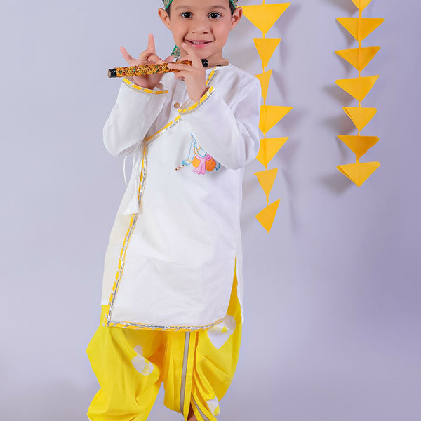 Lil Drama Janmashtami White Boys Cotton Kurta and Yellow Dhoti Ethnic Set - Distacart