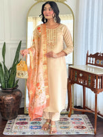 Thumbnail for The52 Chiku Women's Beautiful Rayon Fabric Embroidered Work Straight Kurta Pant and Dupatta Set - Distacart