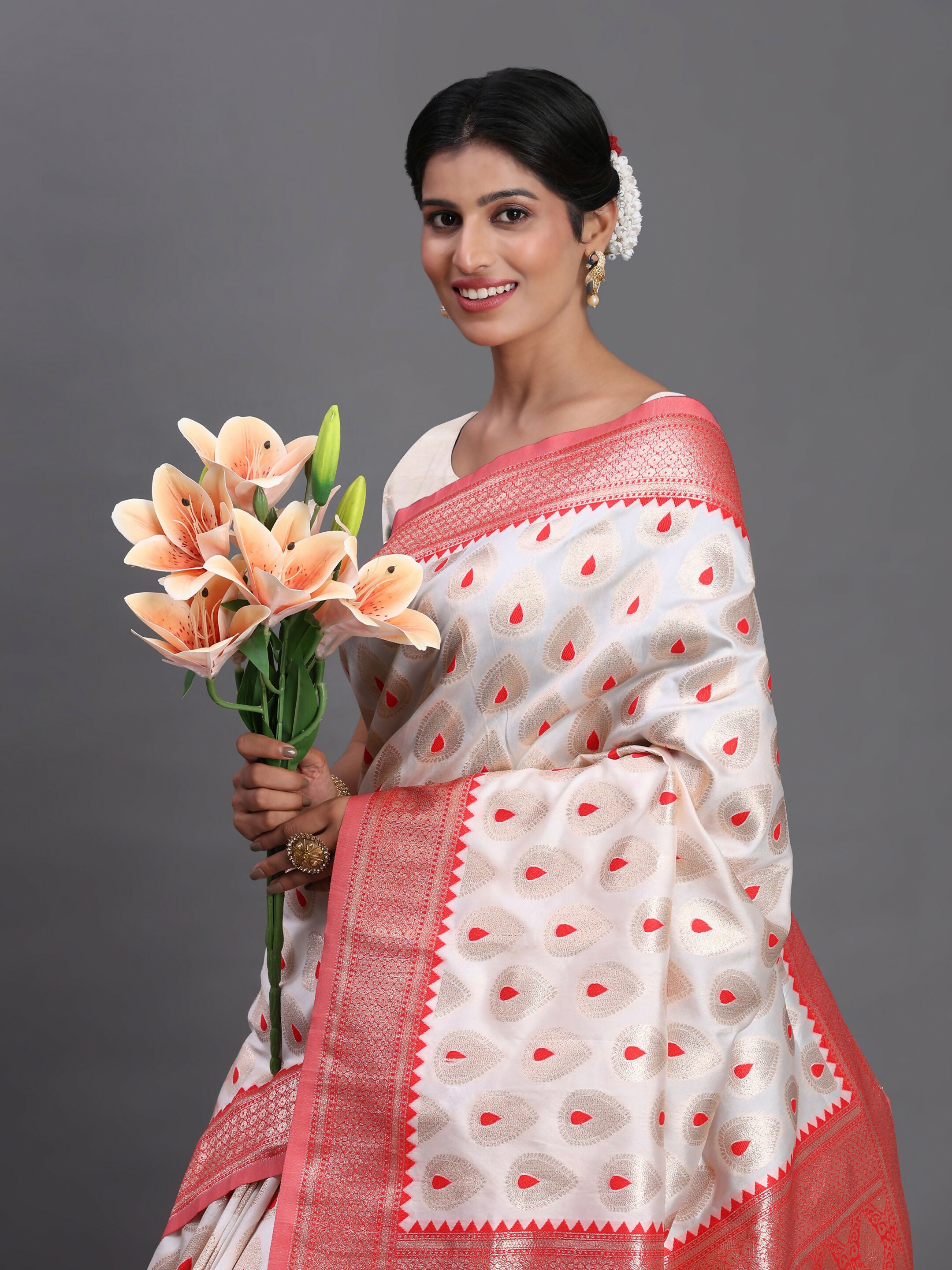 Astita Banarasi Silk Red & White Saree