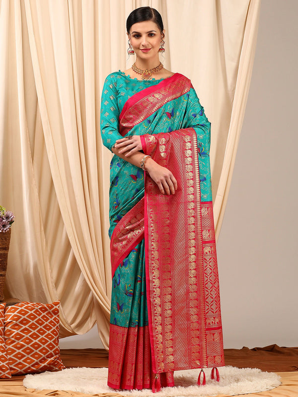 NOZ2TOZ Women's Cotton Blend Blue Printed Designer Saree With Blouse Piece - Distacart