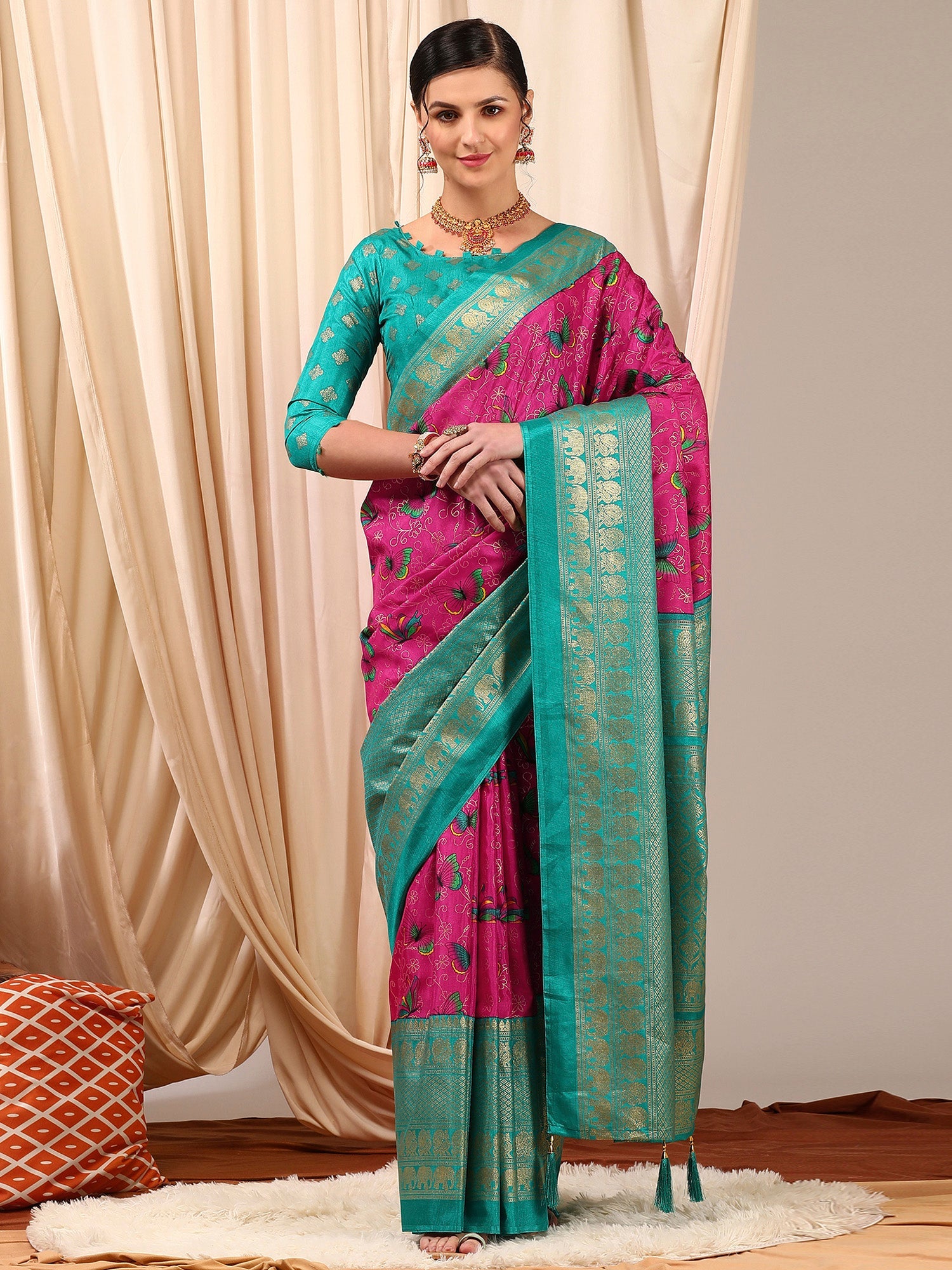 NOZ2TOZ Women's Cotton Blend Pink Printed Designer Saree With Blouse Piece - Distacart