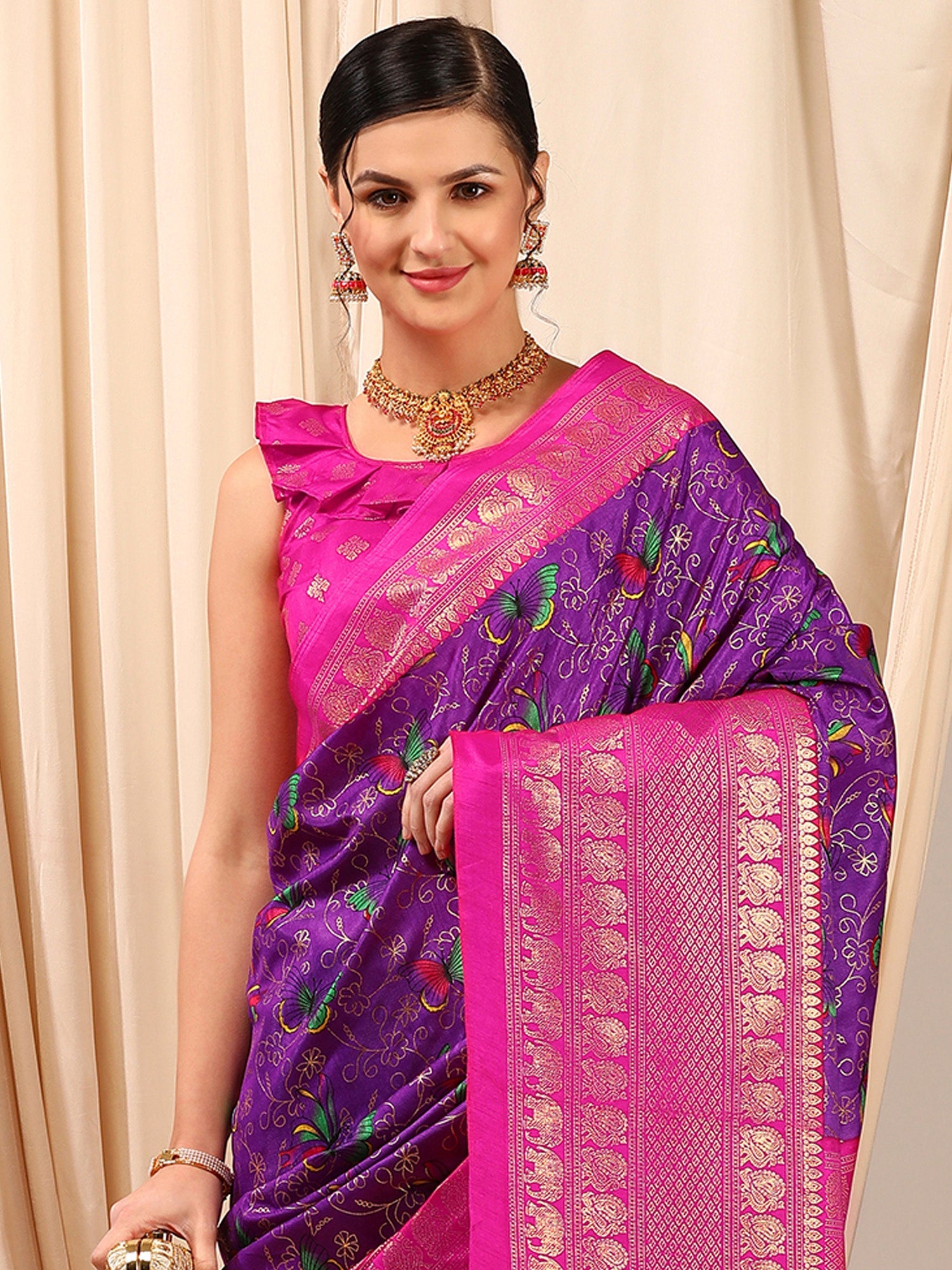 NOZ2TOZ Women's Cotton Blend Purple Printed Designer Saree With Blouse Piece - Distacart