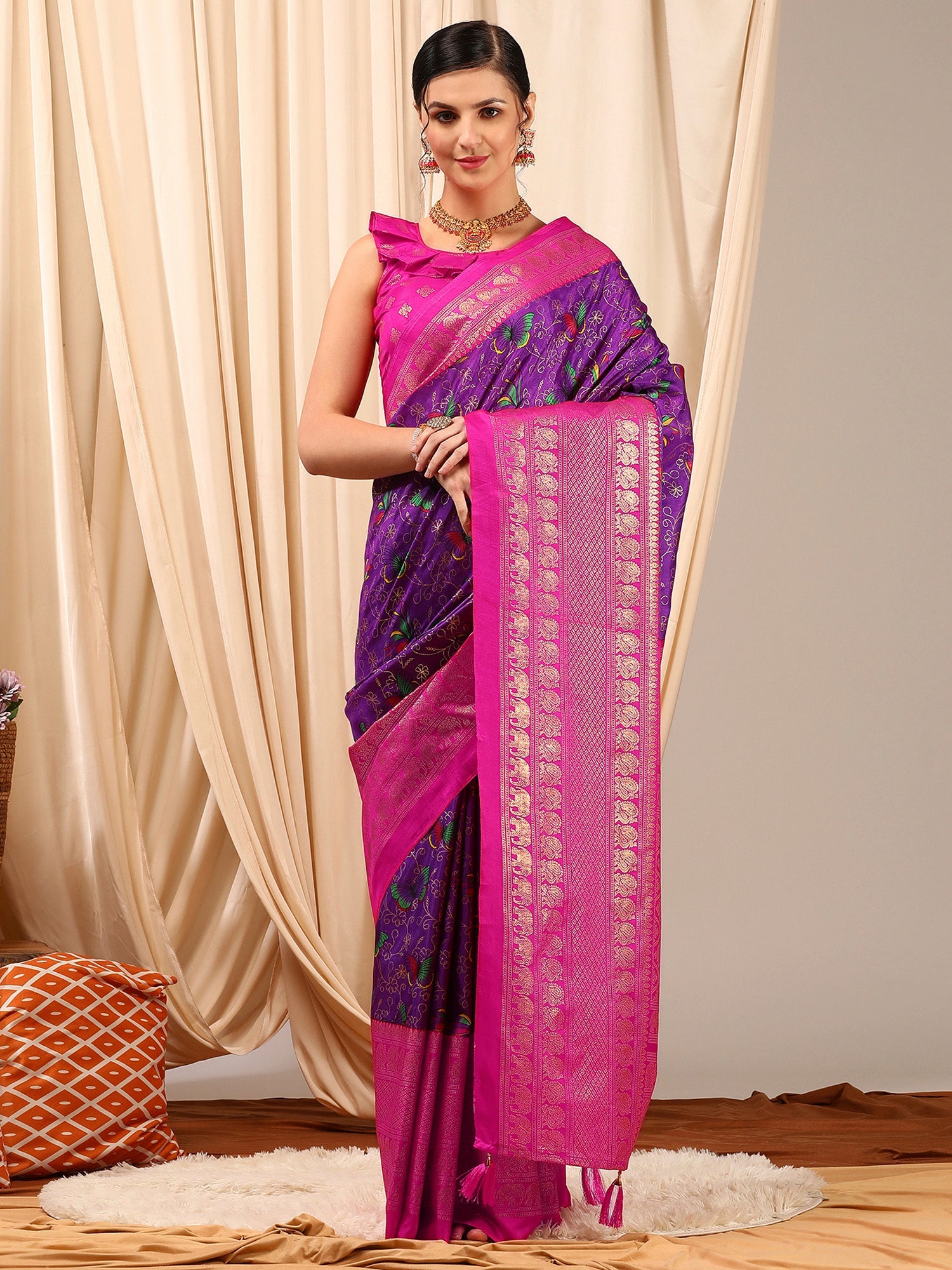 NOZ2TOZ Women's Cotton Blend Purple Printed Designer Saree With Blouse Piece - Distacart