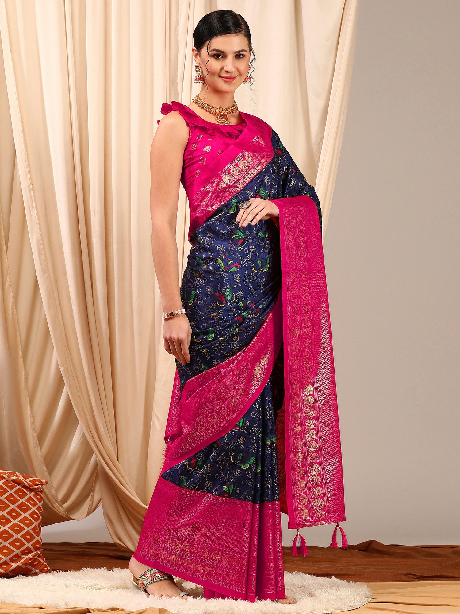 NOZ2TOZ Women's Cotton Blend Navy Blue Printed Designer Saree With Blouse Piece - Distacart