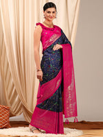 Thumbnail for NOZ2TOZ Women's Cotton Blend Navy Blue Printed Designer Saree With Blouse Piece - Distacart