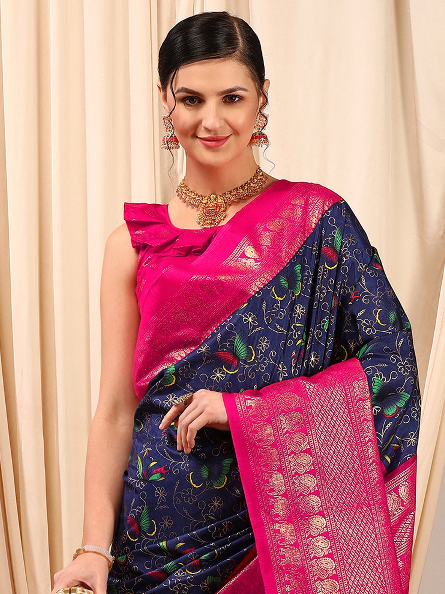 NOZ2TOZ Women's Cotton Blend Navy Blue Printed Designer Saree With Blouse Piece - Distacart