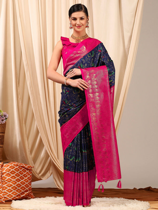 NOZ2TOZ Women's Cotton Blend Navy Blue Printed Designer Saree With Blouse Piece - Distacart